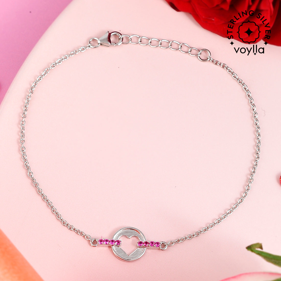 Sterling Silver Pink CZ Heart Silver Bracelet