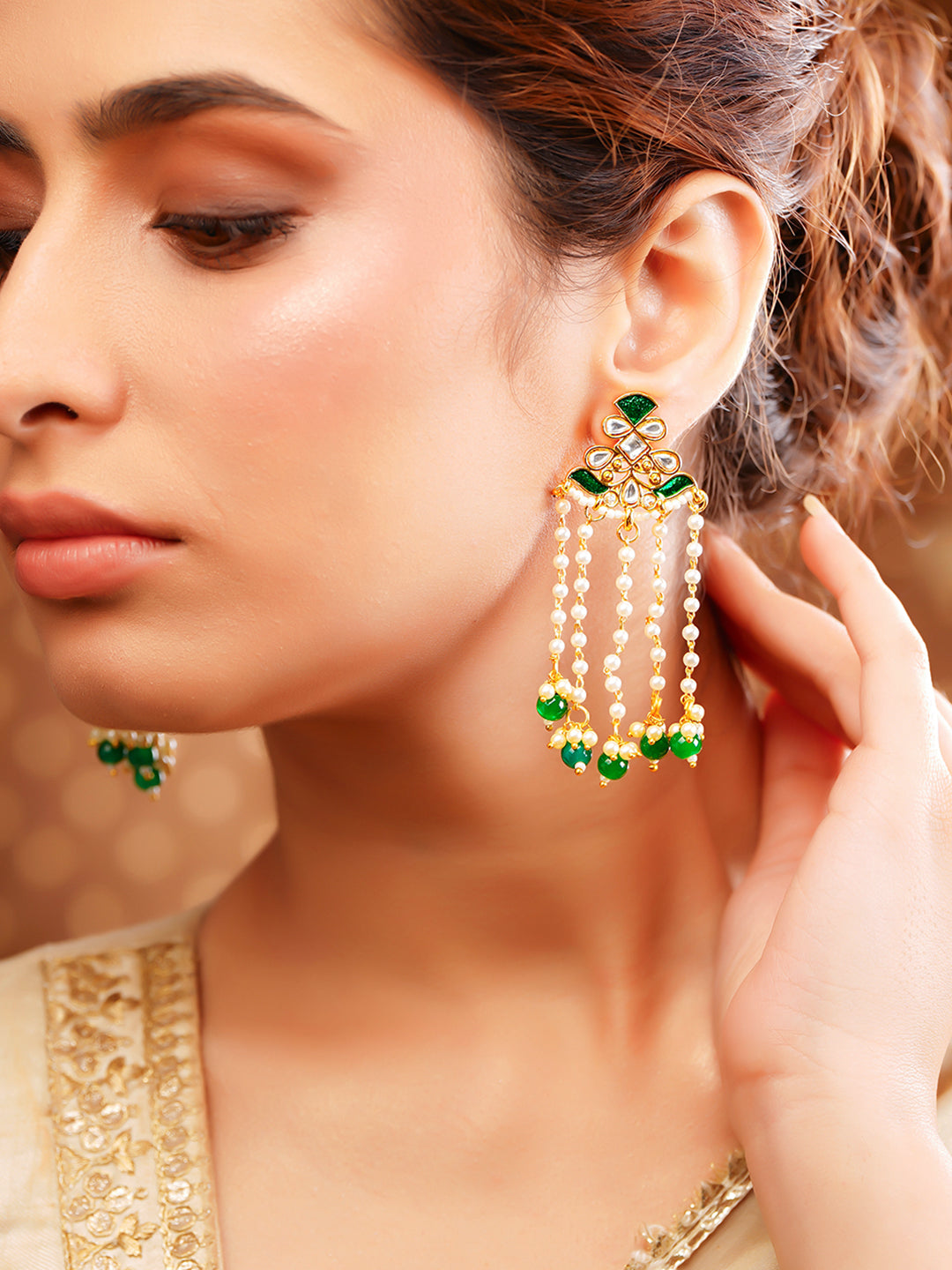 Gold Plated Peral & Green Beaded Kundan Dangler Earrings