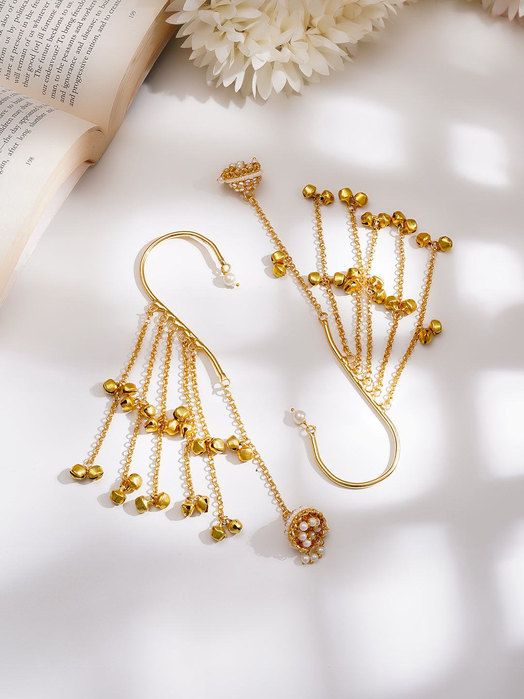 Gold-Plated Layered Chain Pearl Jhumka Ear Cuff Earrings