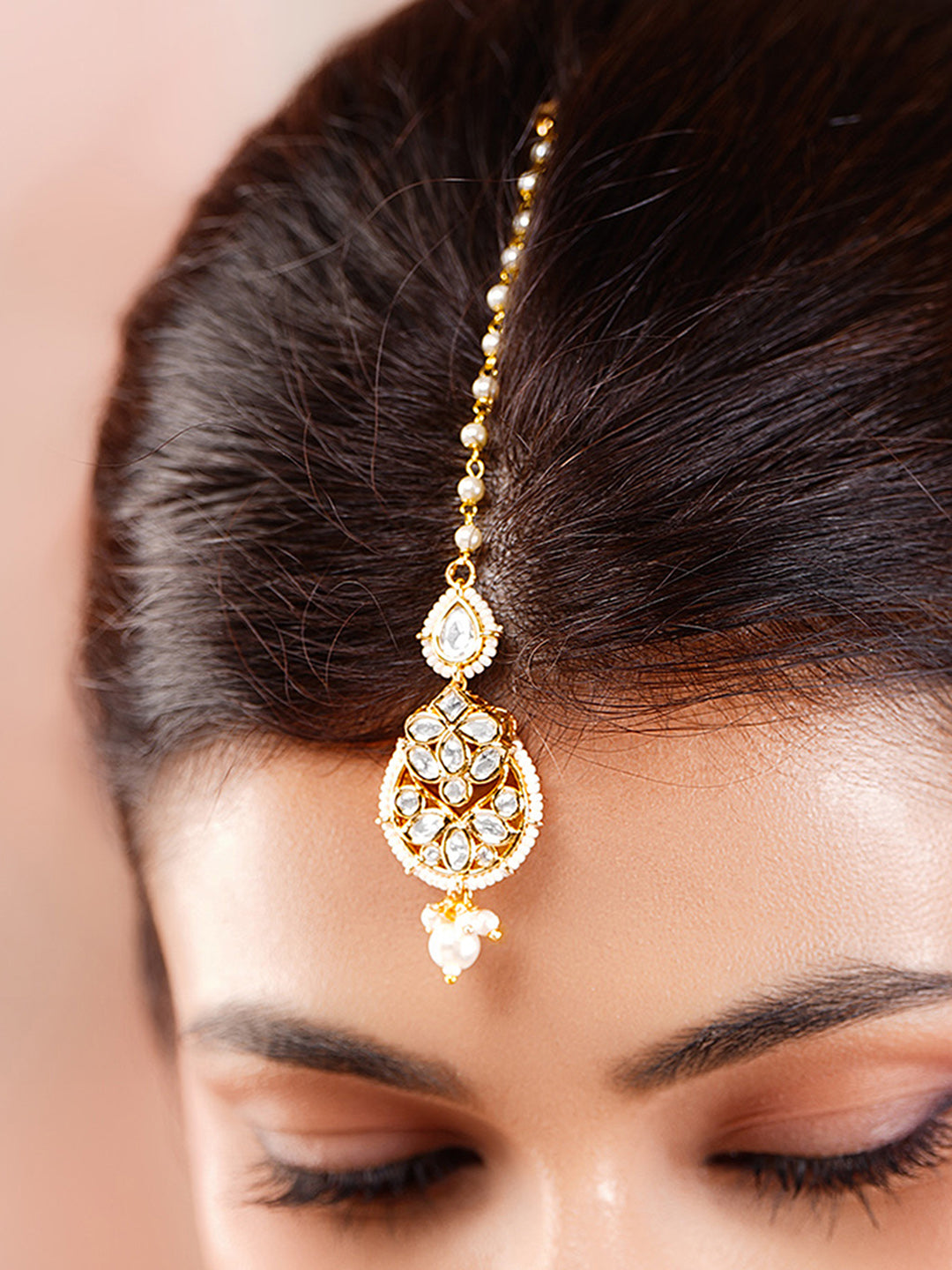 Gold Plated Pearl Beaded Kundan Maang Tikka