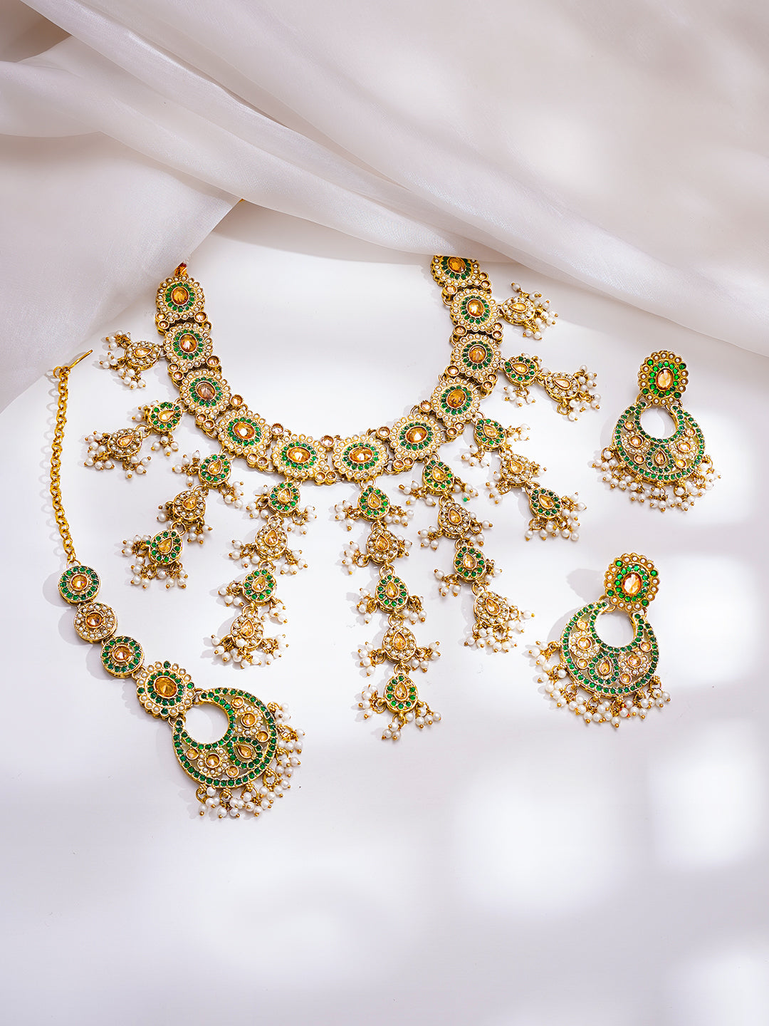 Gold Plated Kundan Pearl Beaded Emerald Necklace Set With MaangTikka
