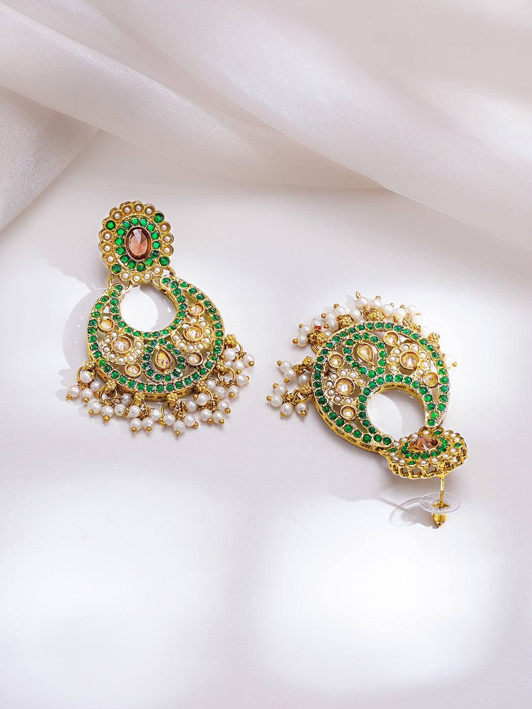 Gold Plated Kundan Pearl Beaded Emerald Necklace Set With MaangTikka