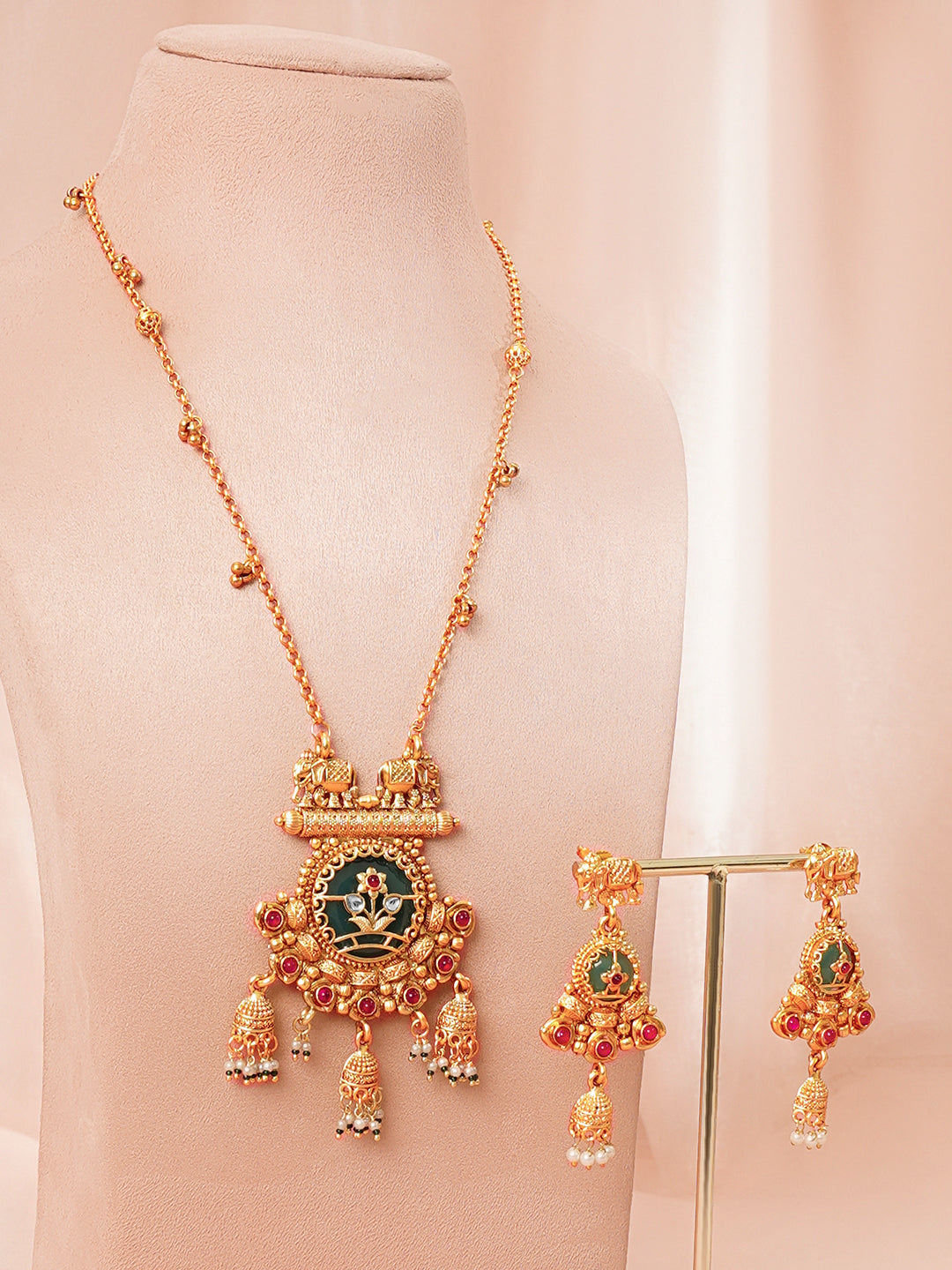 Gold Plated Elephant Motif Kundan Pendant Set