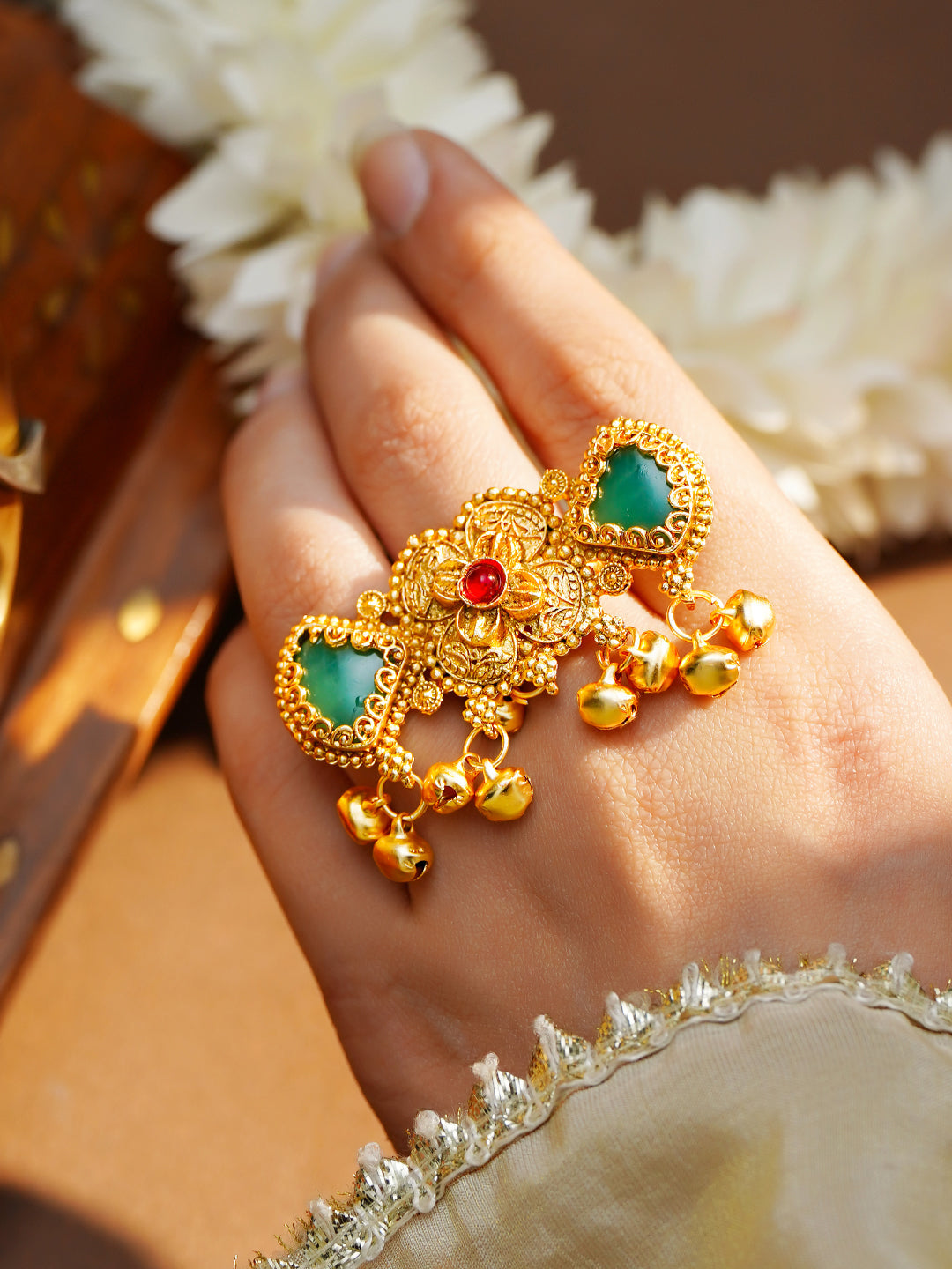 Gold Plated Kundan Emerald Green Ring With Ghungroo Drops