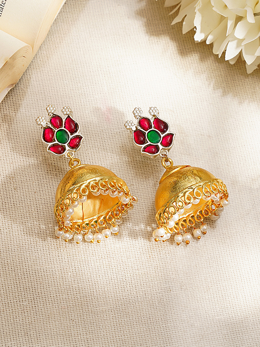 Gold-Plated Ruby Green Kundan Floral Jhumka Earrings