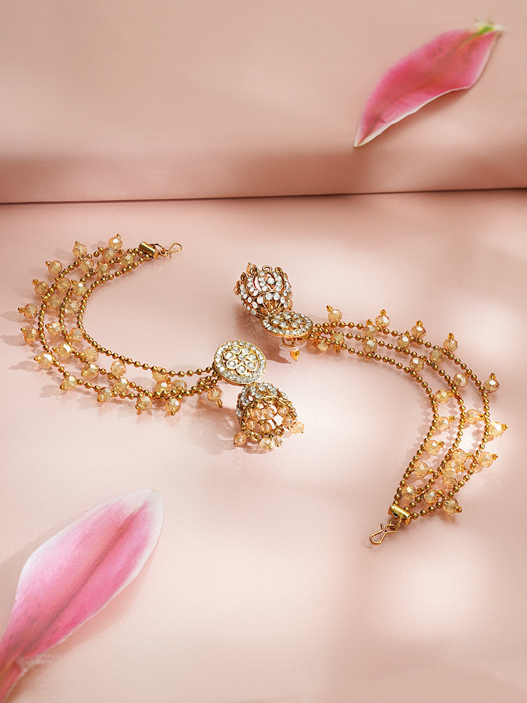 Gold Plated Kundan Beaded Kaan Chain Jhumkaas