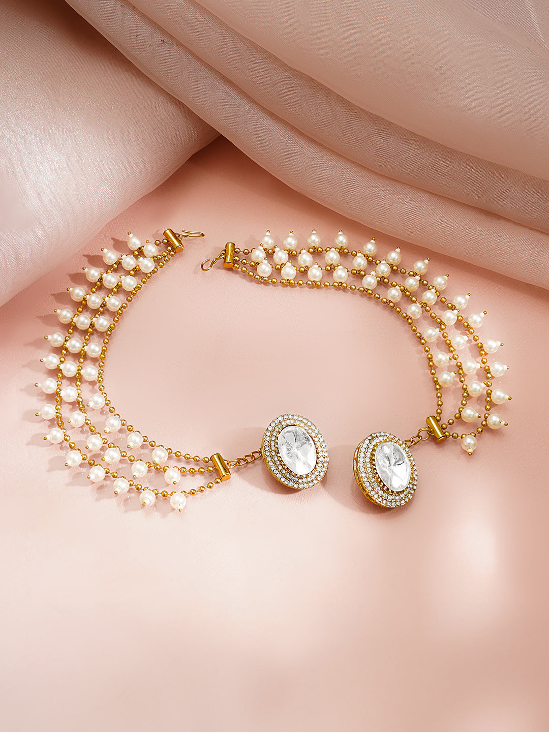 Gold Plated Pearl Detailed Kundan Kaan Chain
