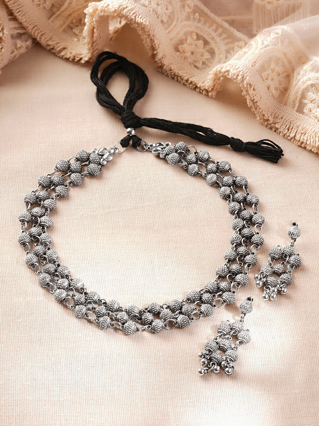 Oxidised Textured Beaded Layered Statement Necklace Set