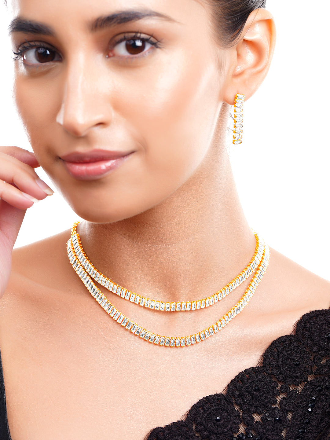 Gold Plated Layered American Diamond Statement Necklace Set