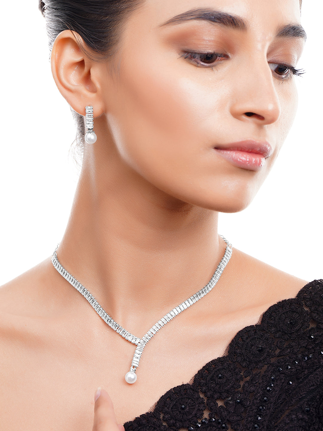 Rhodium Plated American Diamond Pearl Drop Y Necklace Set