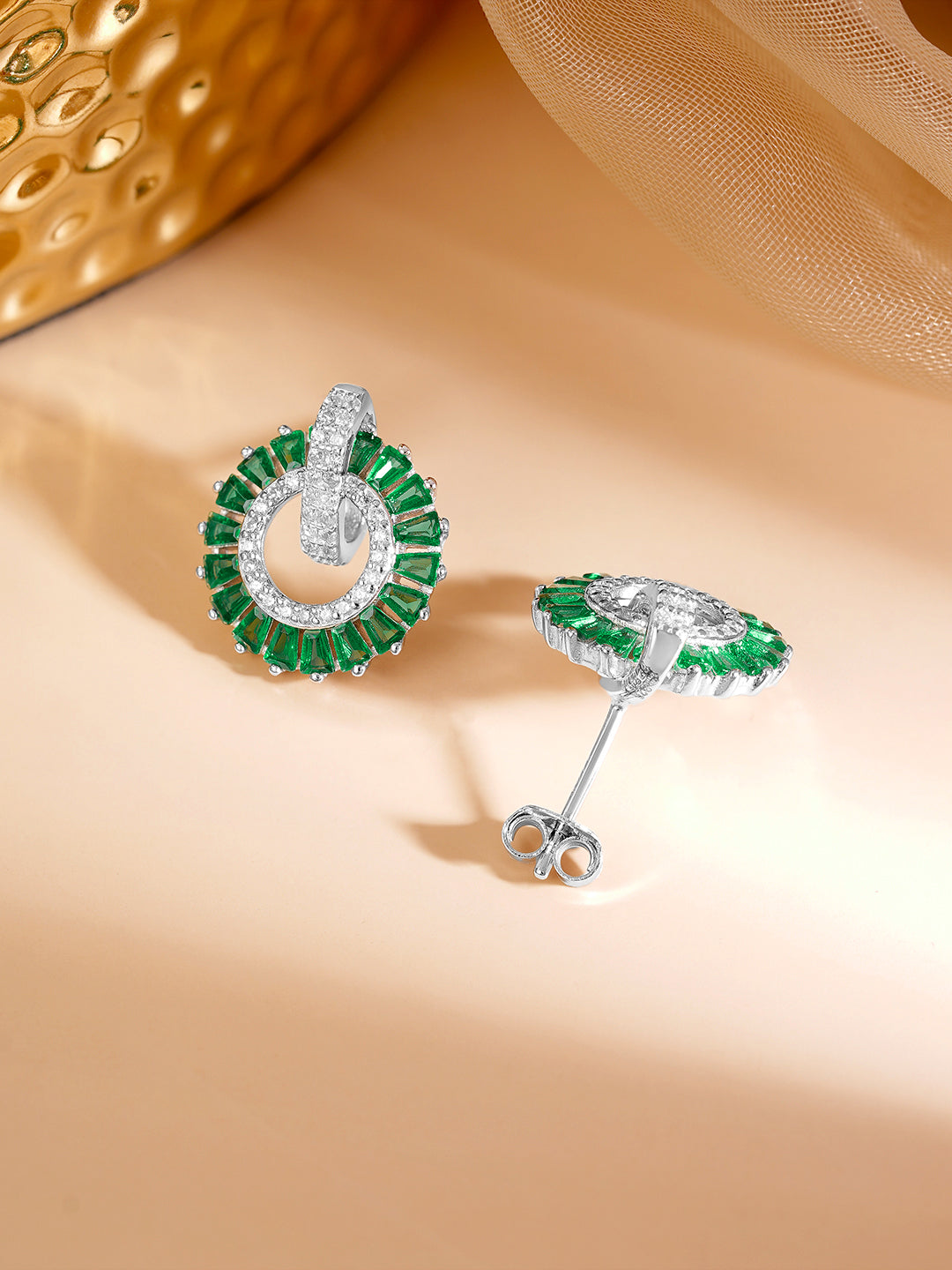 925 Fine Silver Rhodium Plated Emerald AD Circle Statement Stud Earrings