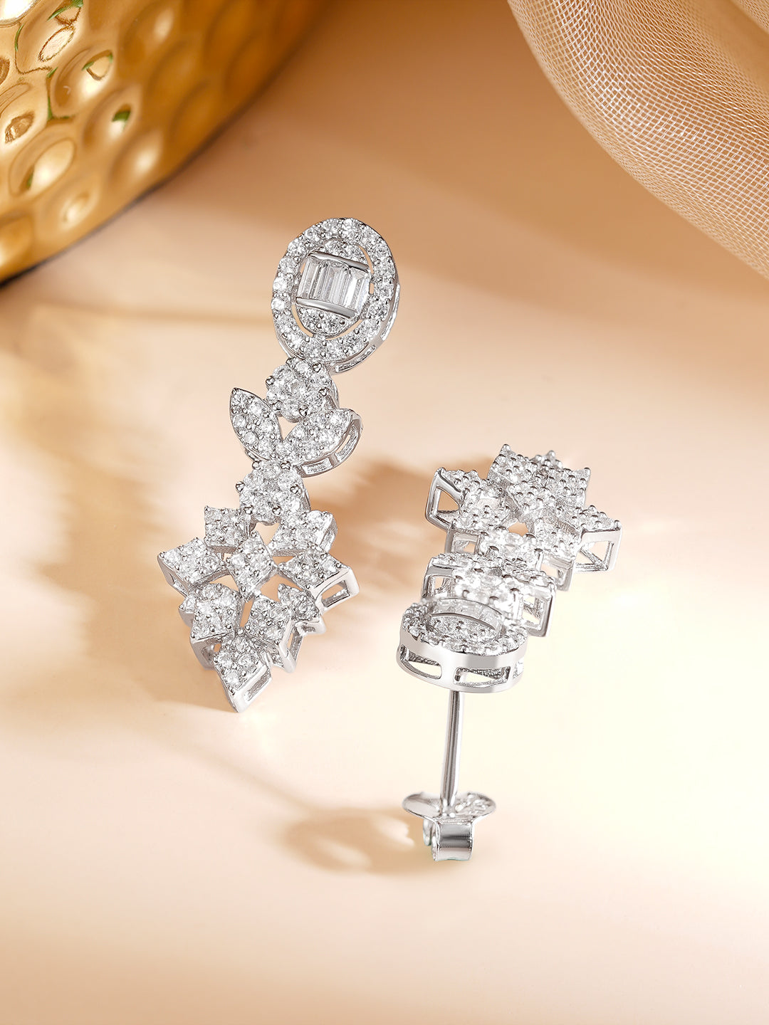 925 Fine Silver Rhodium Plated Cubic Zirconia Floral Drop Earrings