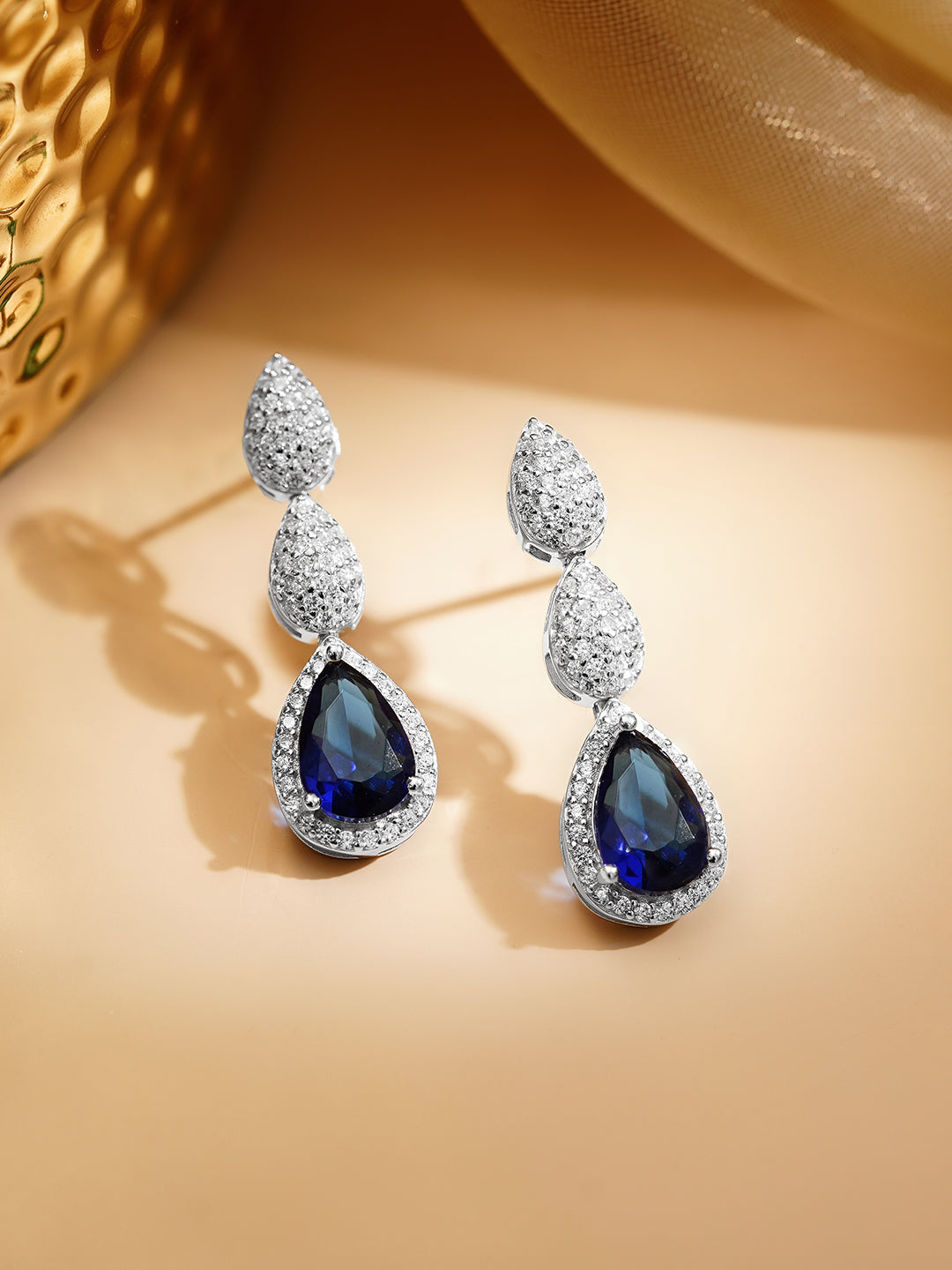 925 Fine Silver Rhodium Plated American Diamond Zirconia Blue Sapphire Earrings
