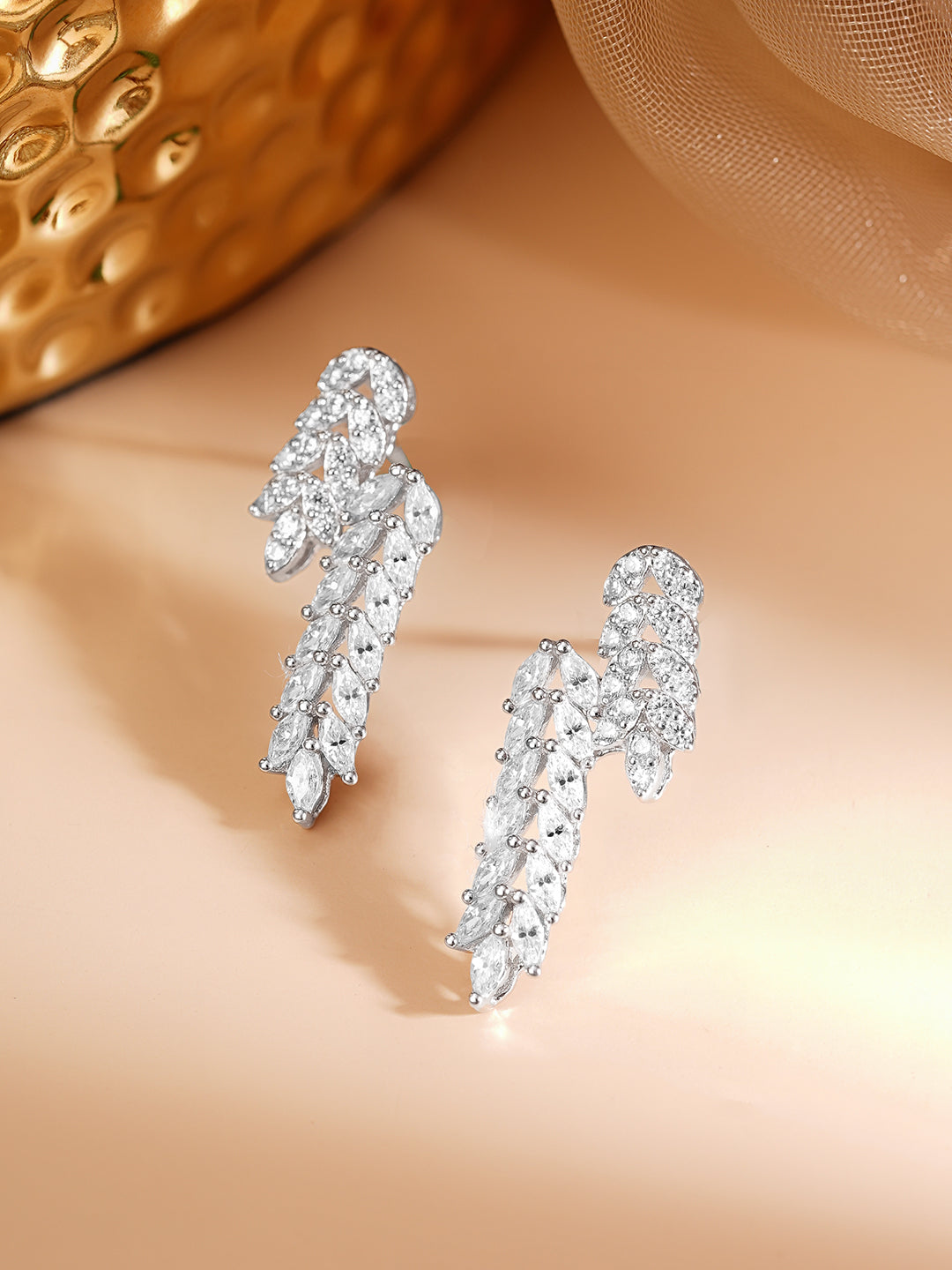 925 Fine Silver Rhodium Plated American Diamon Zirconia Abstract Design Dangler Earrings