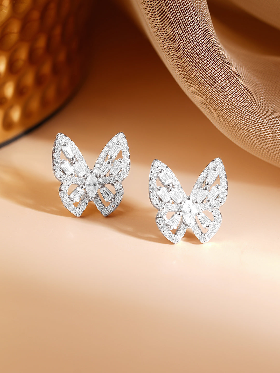 925 Fine Silver Rhodium Plated American Diamon Zirconia Butterfly Studs