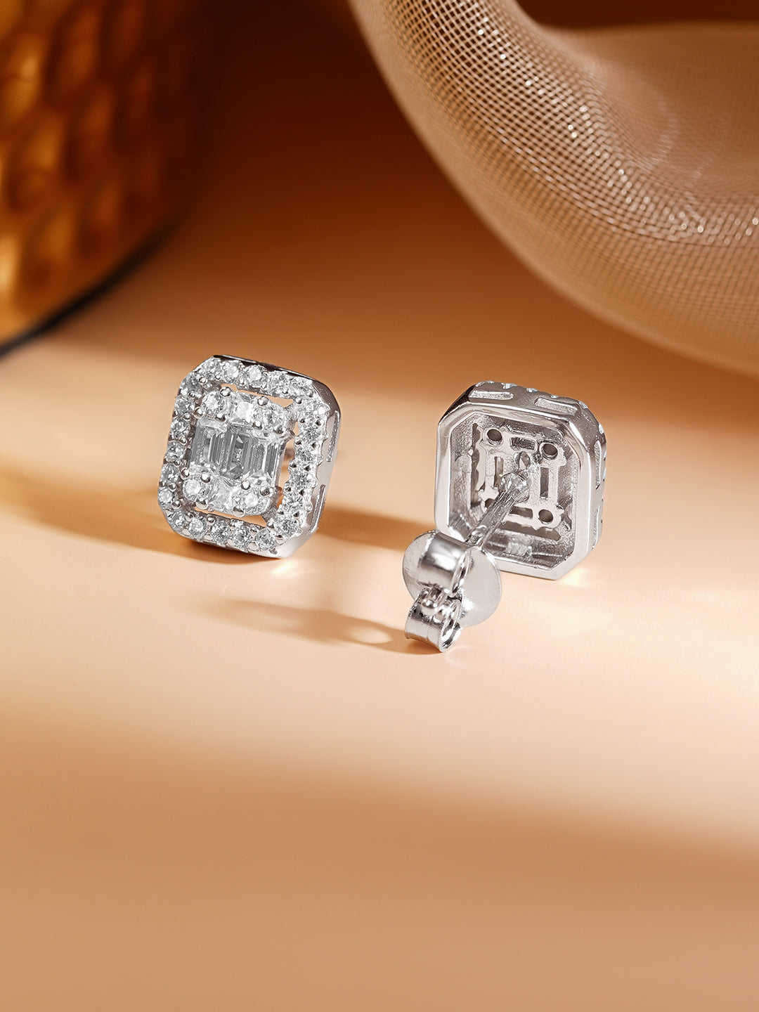 925 Fine Silver Rhodium Plated American Diamon Zirconia Cubic Stud Earrings