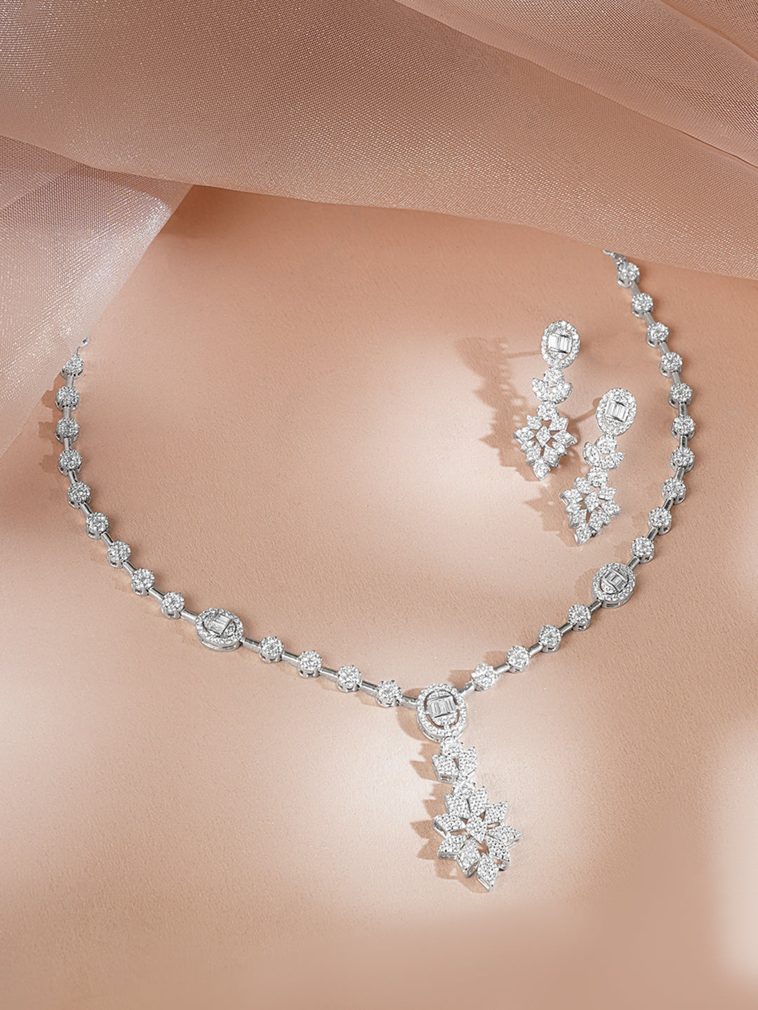 925 Fine Silver Silver Cubic Zirconia Floral Drop Necklace Set