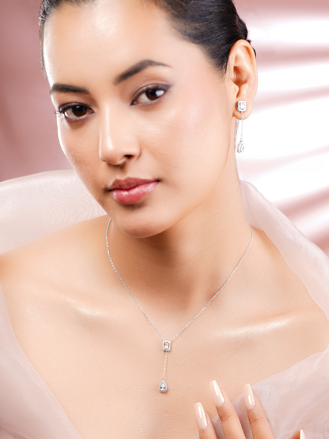 925 Fine Silver Rhodium Plated AD Drop Charm Necklace Set