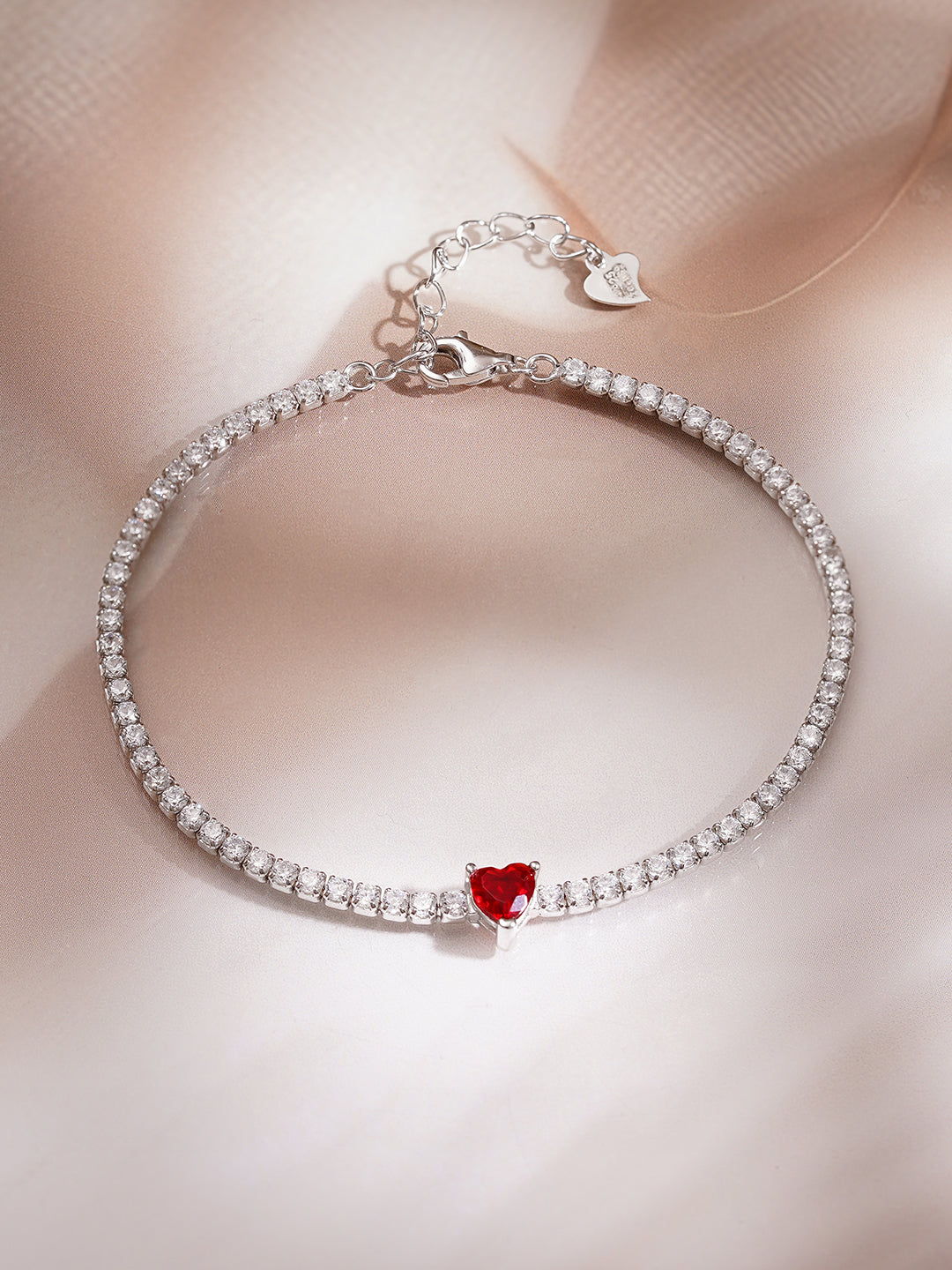 925 Fine Silver Rhodium Plated American Diamon Zirconia Bracelet With Ruby Heart Center & Charm