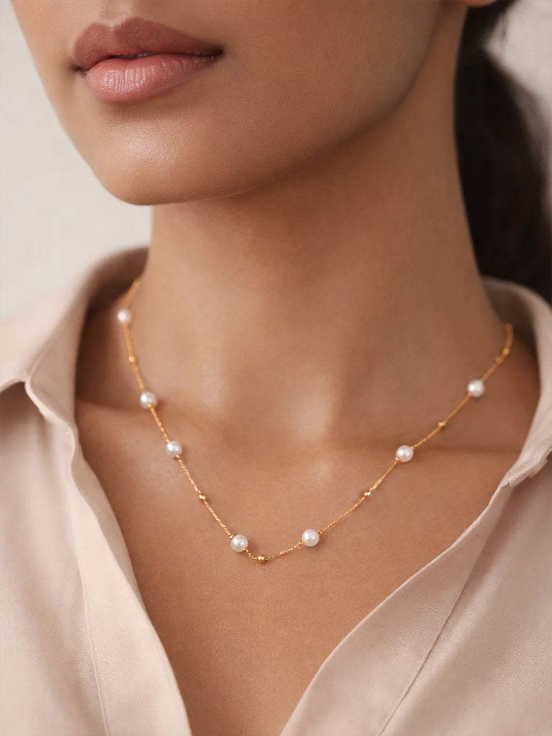 Demi Fine 18K Gold Plated Stainless steel Pearl Beaded Chain Necklace