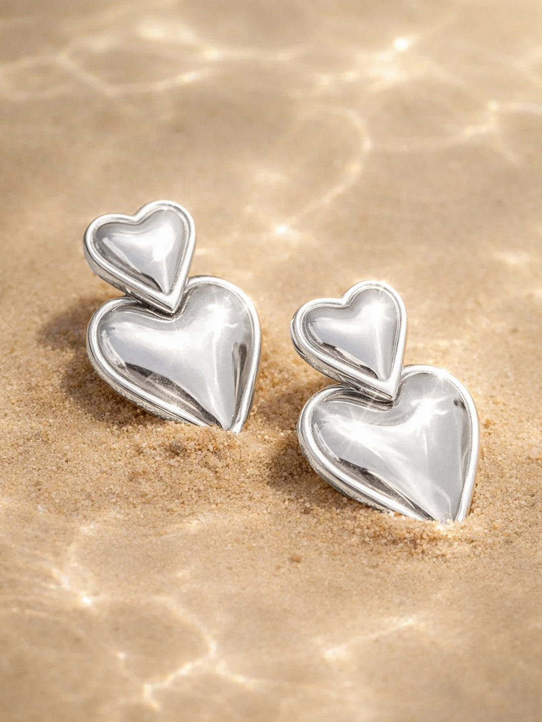 Demi Fine Rhodium Plated Stainless steel Double Heart Drop Earrings