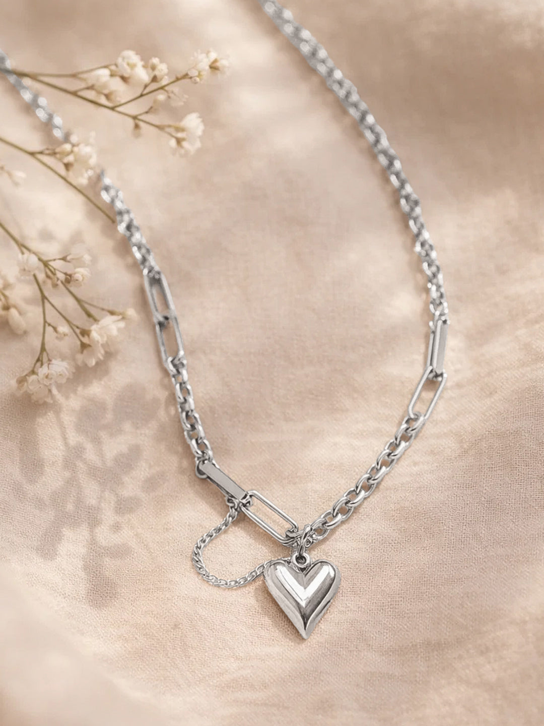Demi Fine Rhodium Plated Stainless steel Paperclip Curb Chain Heart Pendant Necklace