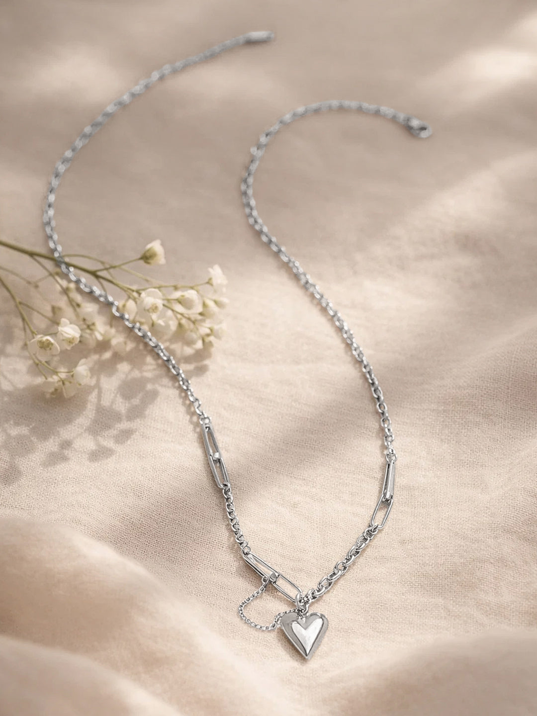 Demi Fine Rhodium Plated Stainless steel Paperclip Curb Chain Heart Pendant Necklace