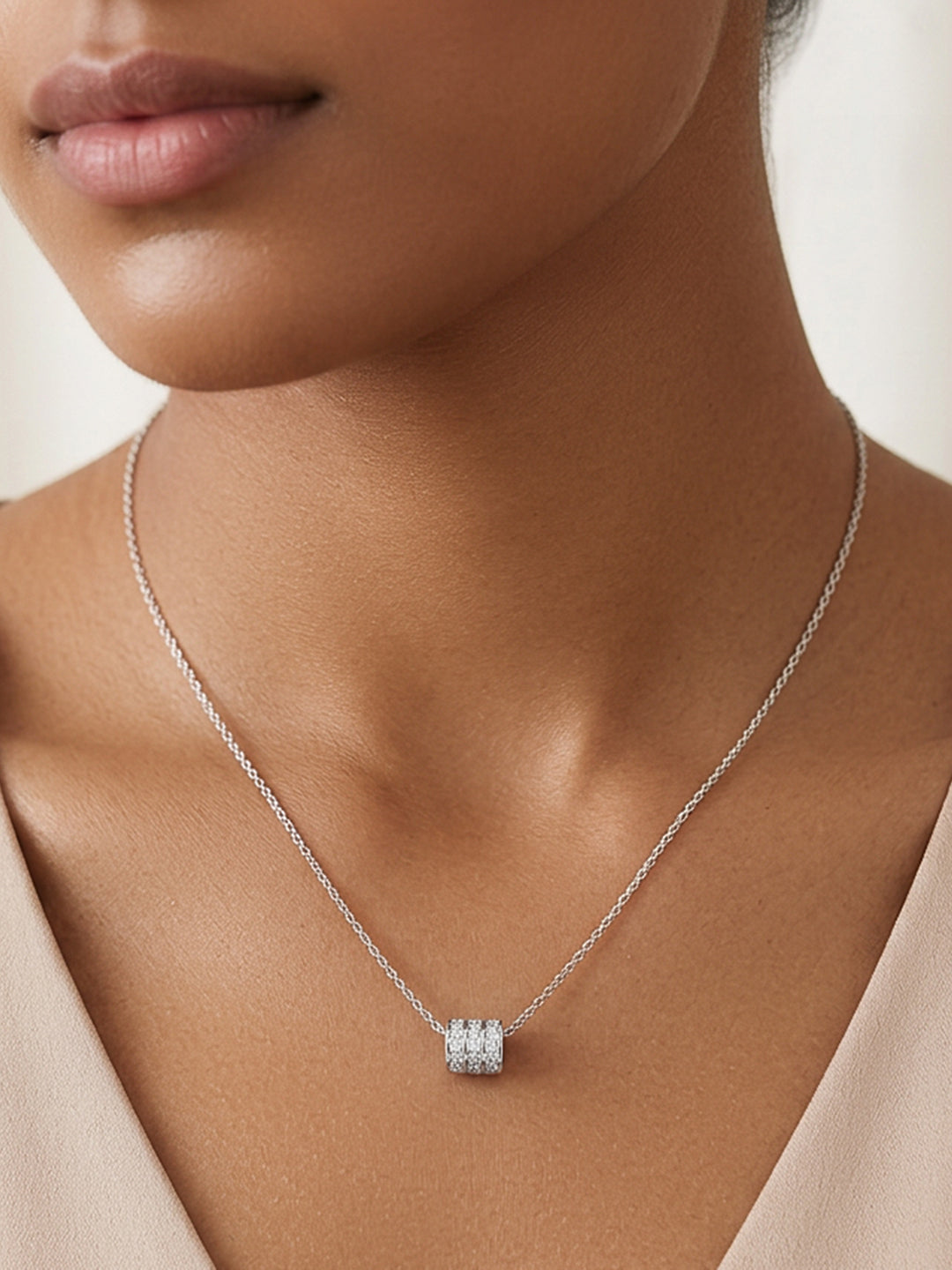 Demi Fine Rhodium Plated Stainless steel Cubic Zirconia Bar Pendant Necklace