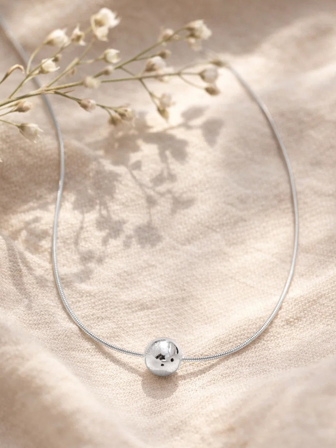 Demi Fine Rhodium Plated Stainless steel Minimal Ball Pendant Snake Chain Necklace