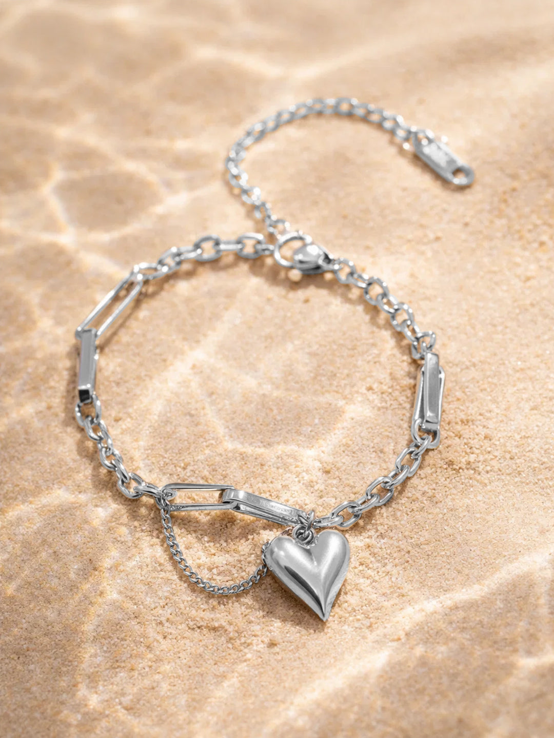 Demi Fine Rhodium Plated Stainless steel Heart Charm Link Chain Bracelet