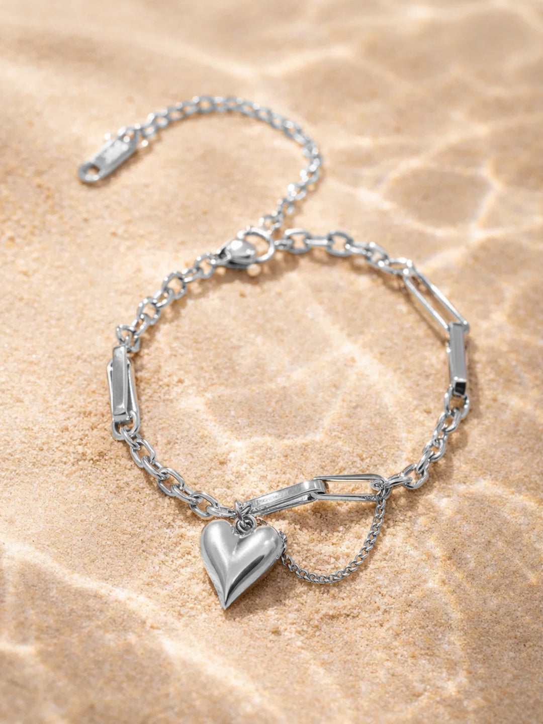 Demi Fine Rhodium Plated Stainless steel Heart Charm Link Chain Bracelet