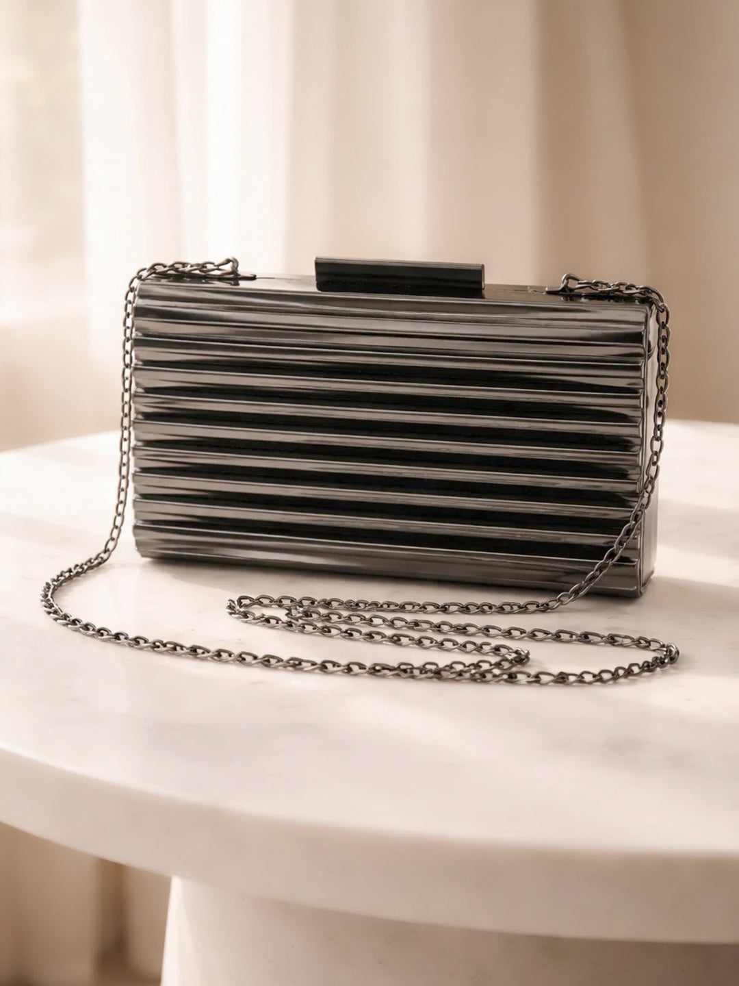 Midnight Gloss Ribbed Statement Clutch Bag