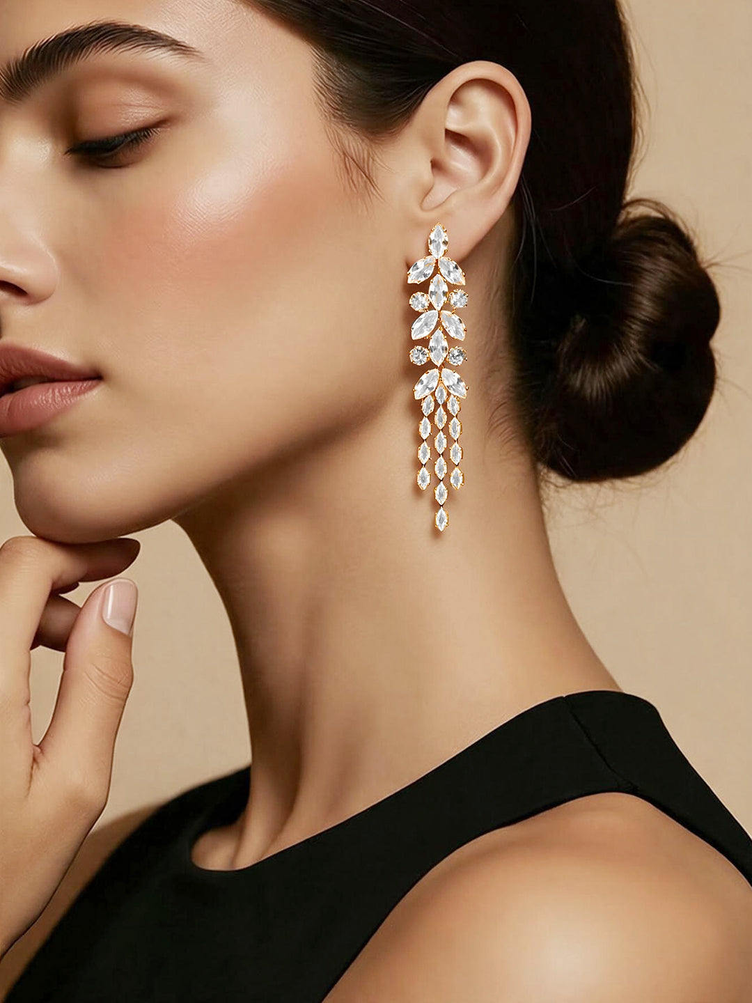 Gold Plated Crystal Leaf Cluster Drop Earrings