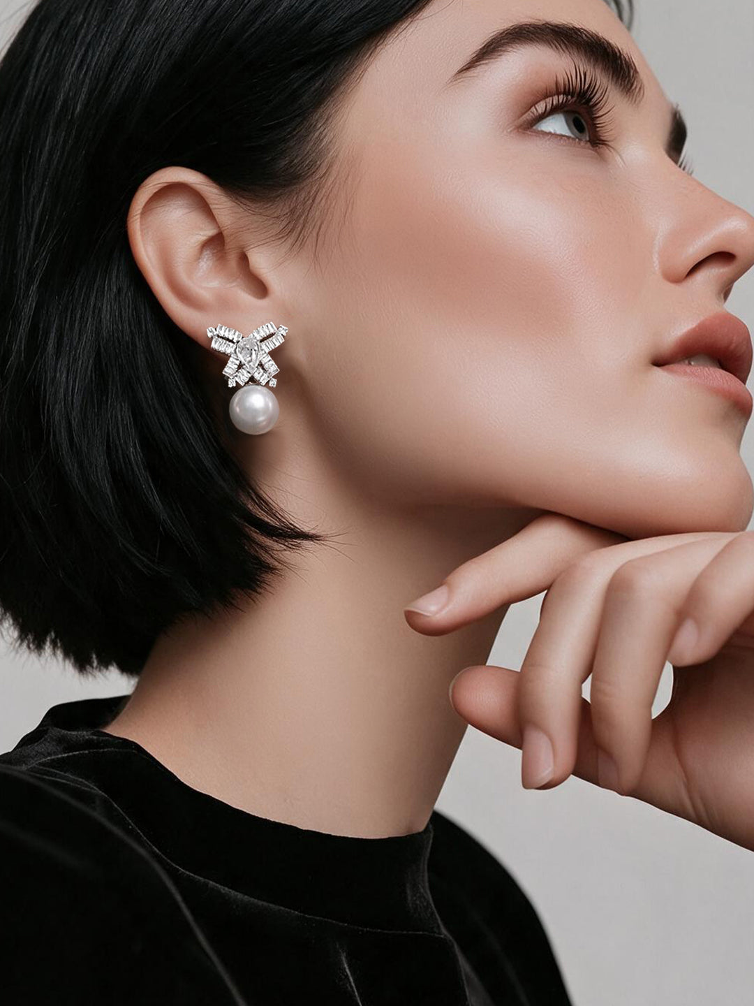 Rhodium Plated Crystal Bow Pearl Drop Earrings
