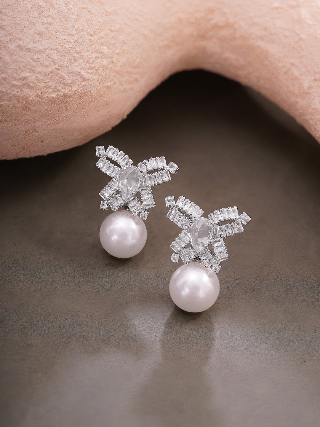Rhodium Plated Crystal Bow Pearl Drop Earrings
