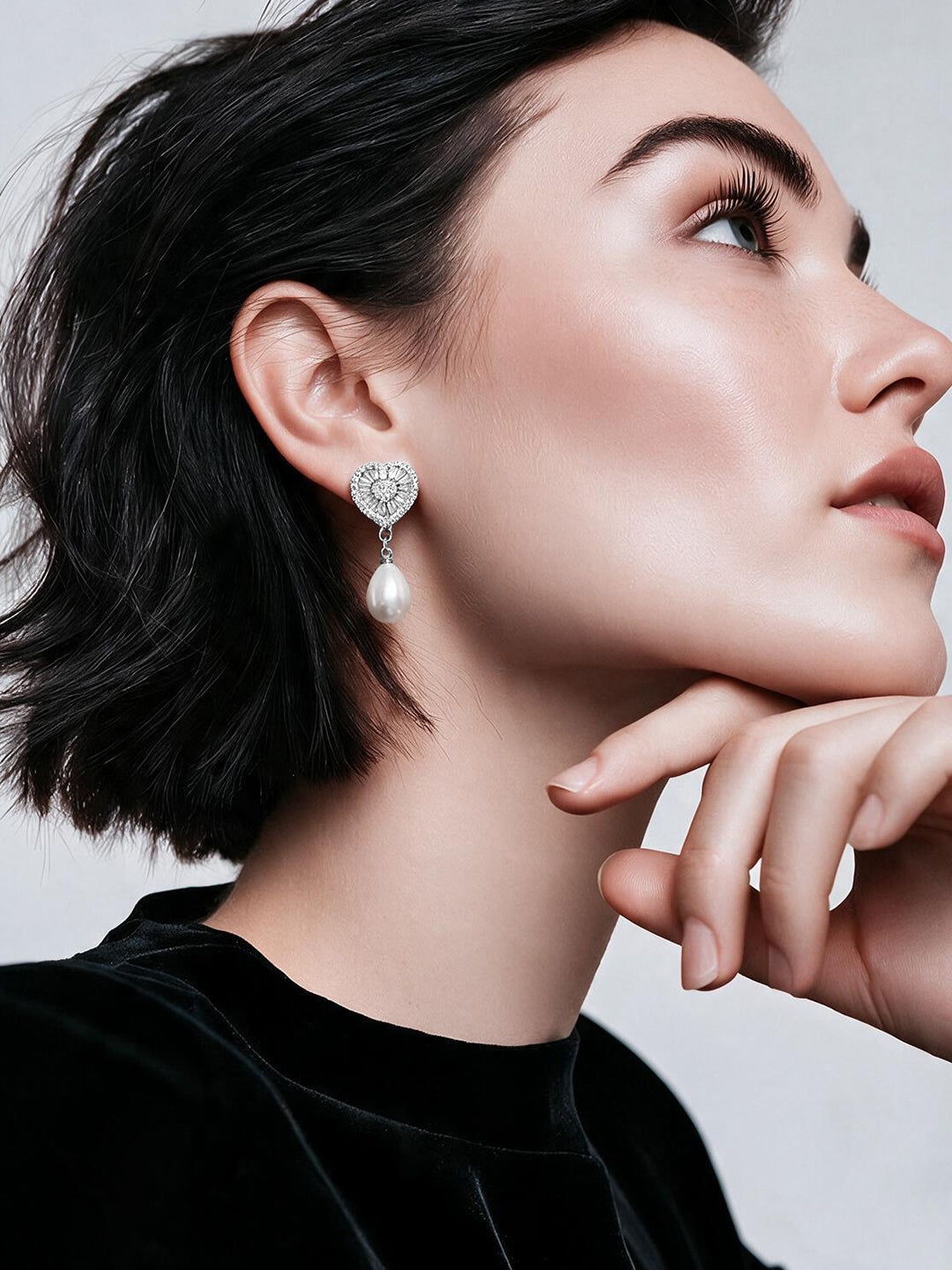 Rhodium Plated Crystal Heart Pearl Drop Earrings
