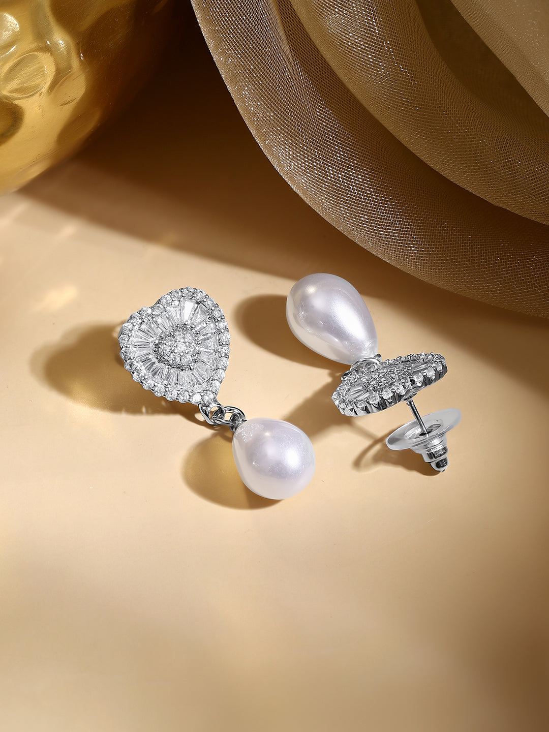 Rhodium Plated Crystal Heart Pearl Drop Earrings