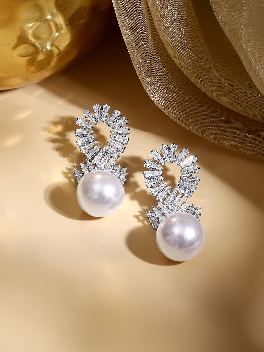 Rhodium Plated Crystal Spiral Pearl Drop Earrings