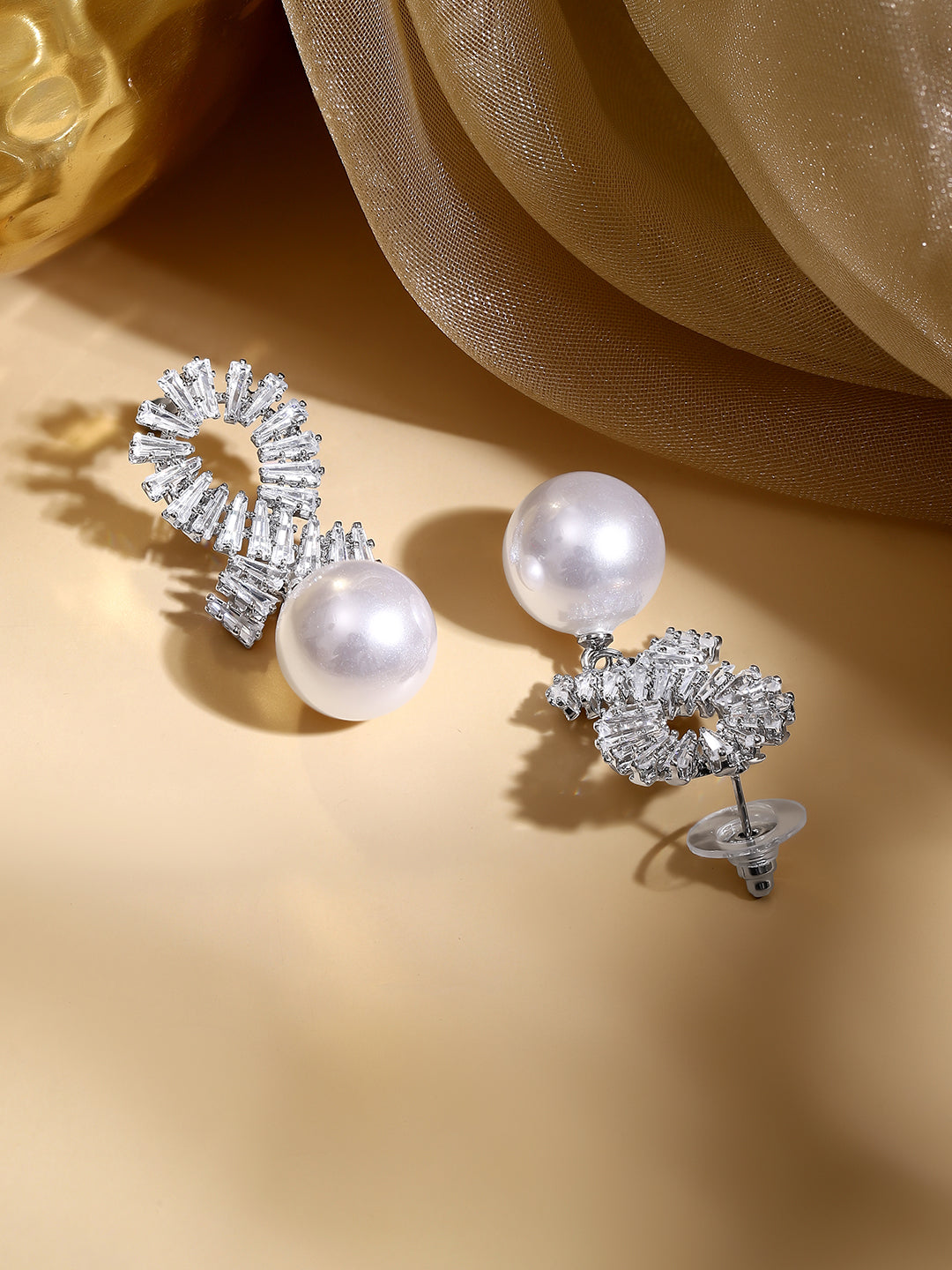 Rhodium Plated Crystal Spiral Pearl Drop Earrings