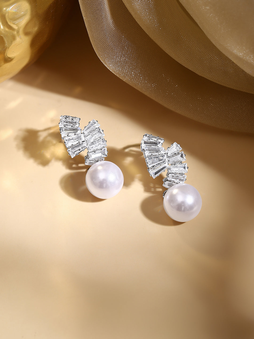 Rhodium Plated Crystal Bow Knot Pearl Drop Earrings
