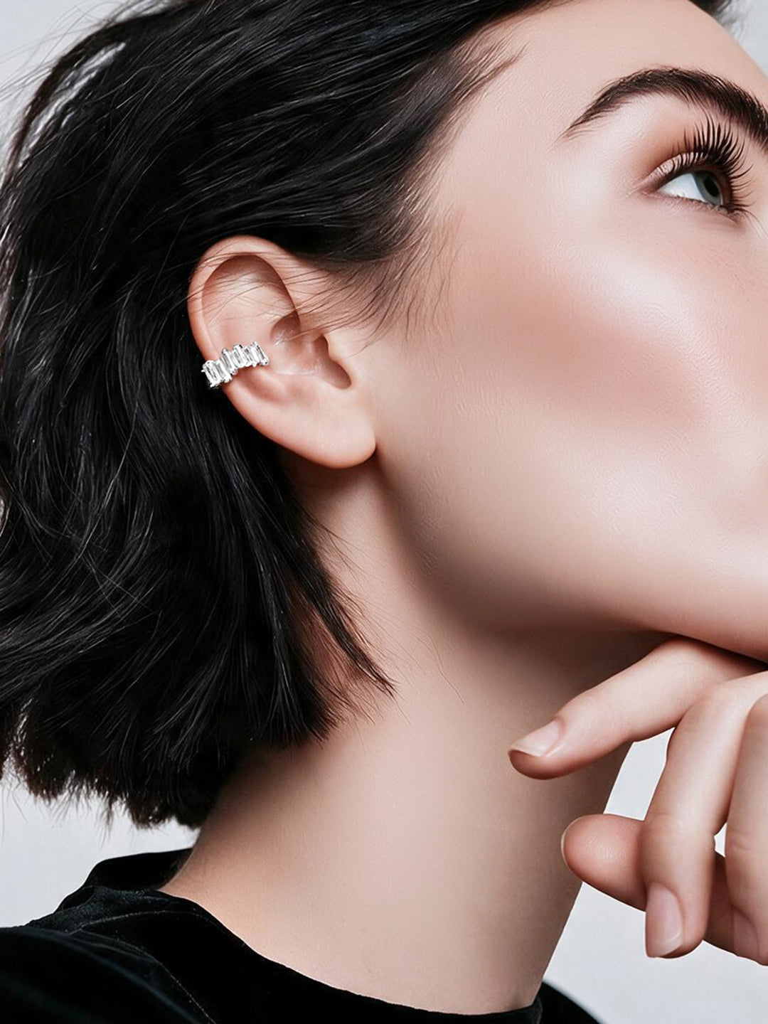 Rhodium Plated Crystal Baguette Statement Cuff Earrings