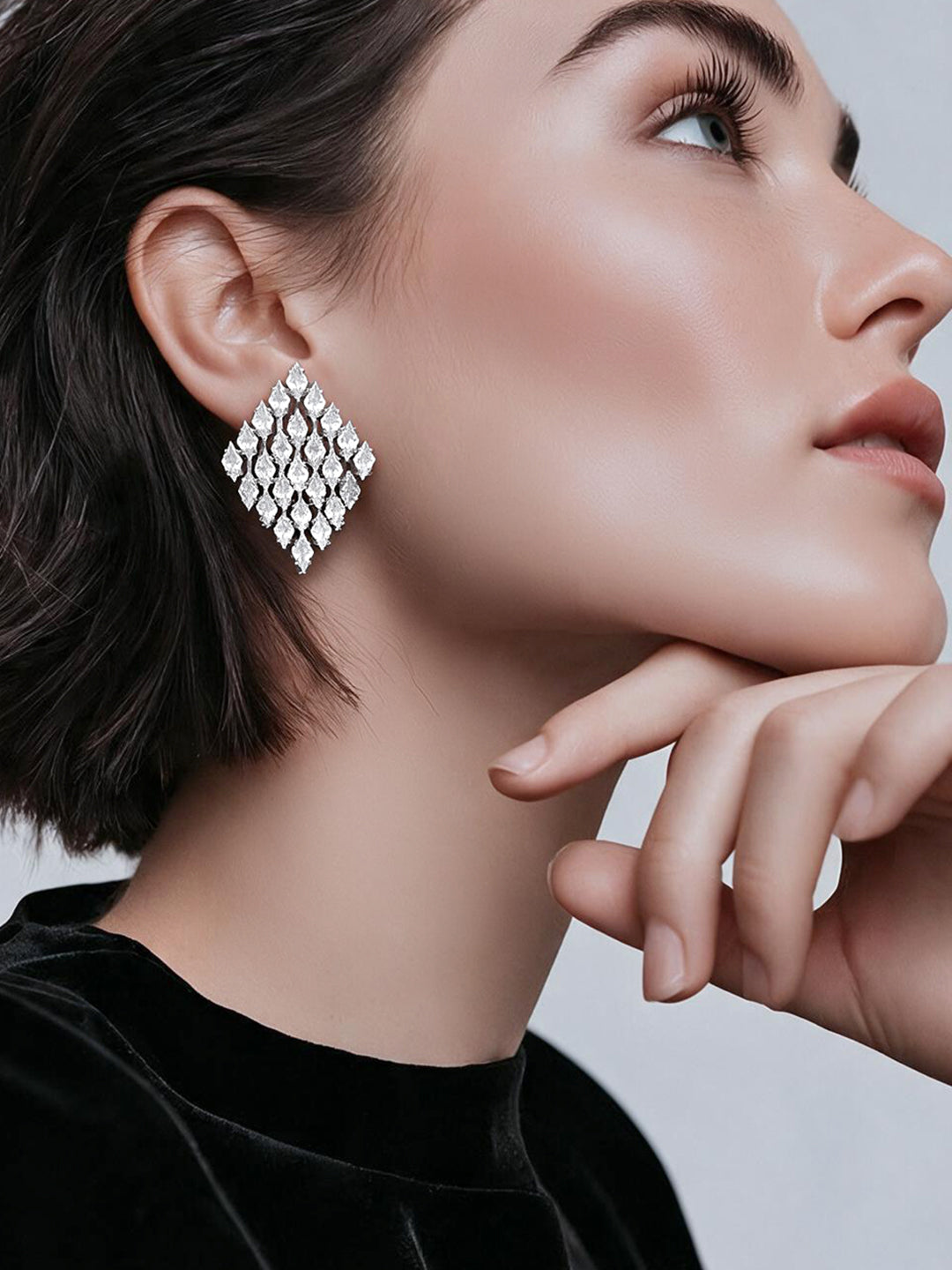 Rhodium Plated Crystal American Diamond Grid Stud Earrings