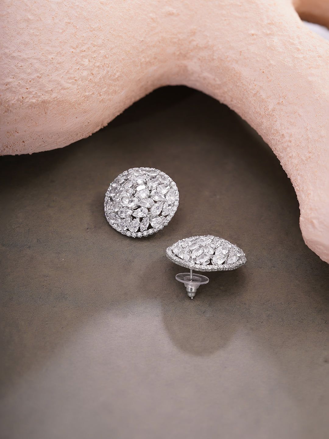 Rhodium Plated Crystal Dome Cluster Stud Earrings