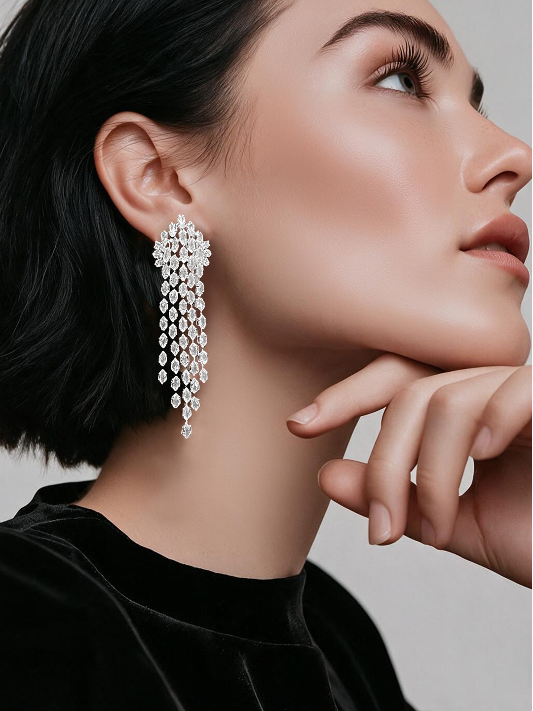 Rhodium Plated Crystal Drop Tassel Earrings