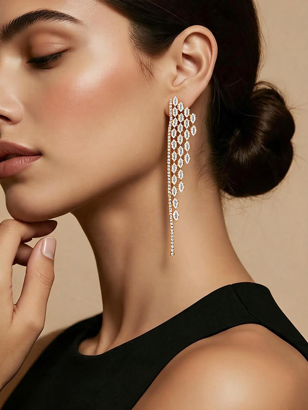 Gold Plated Crystal Fringe Tassel Earrings