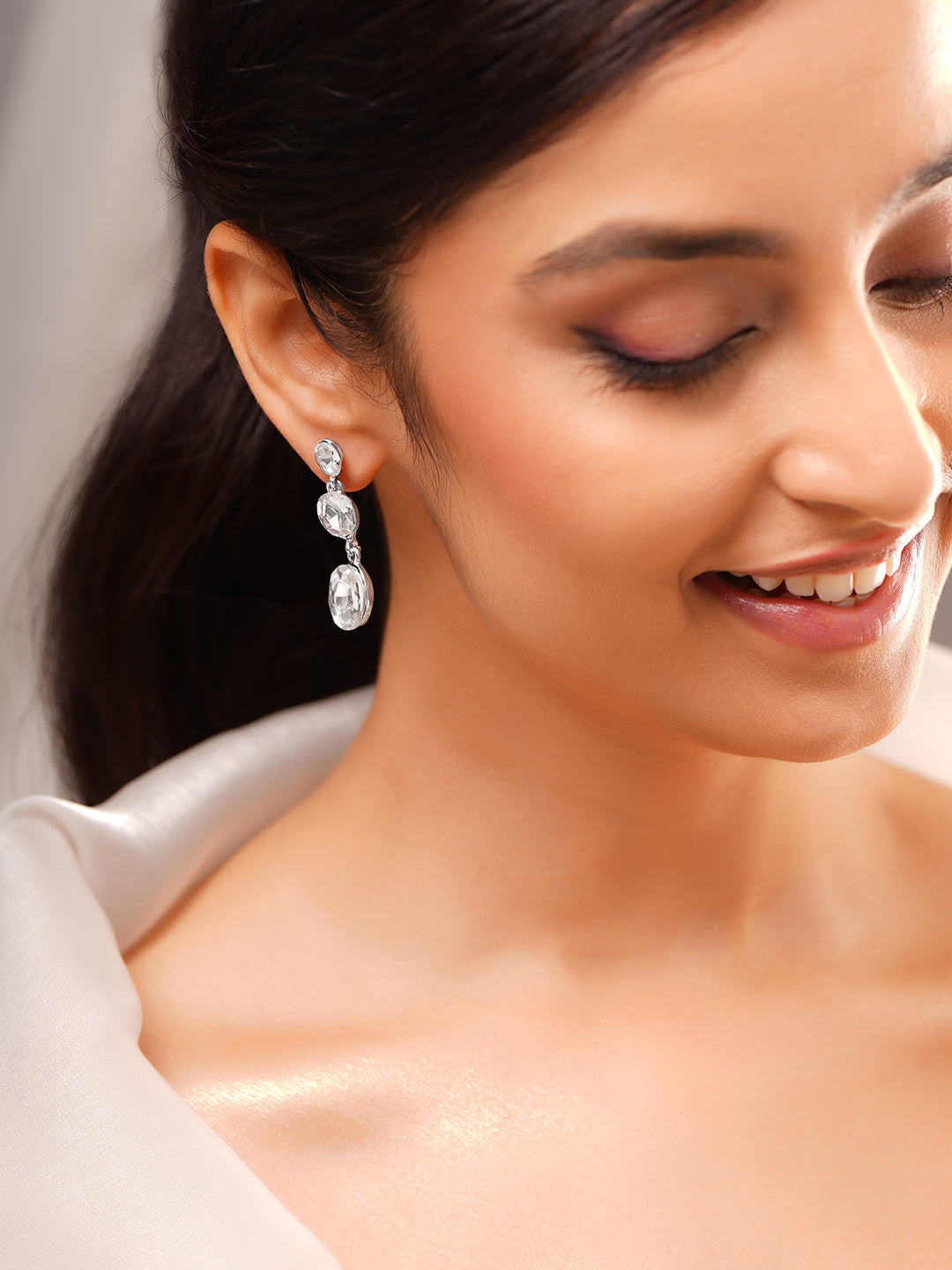 Rhodium Plated Crystal Teardrop Earrings