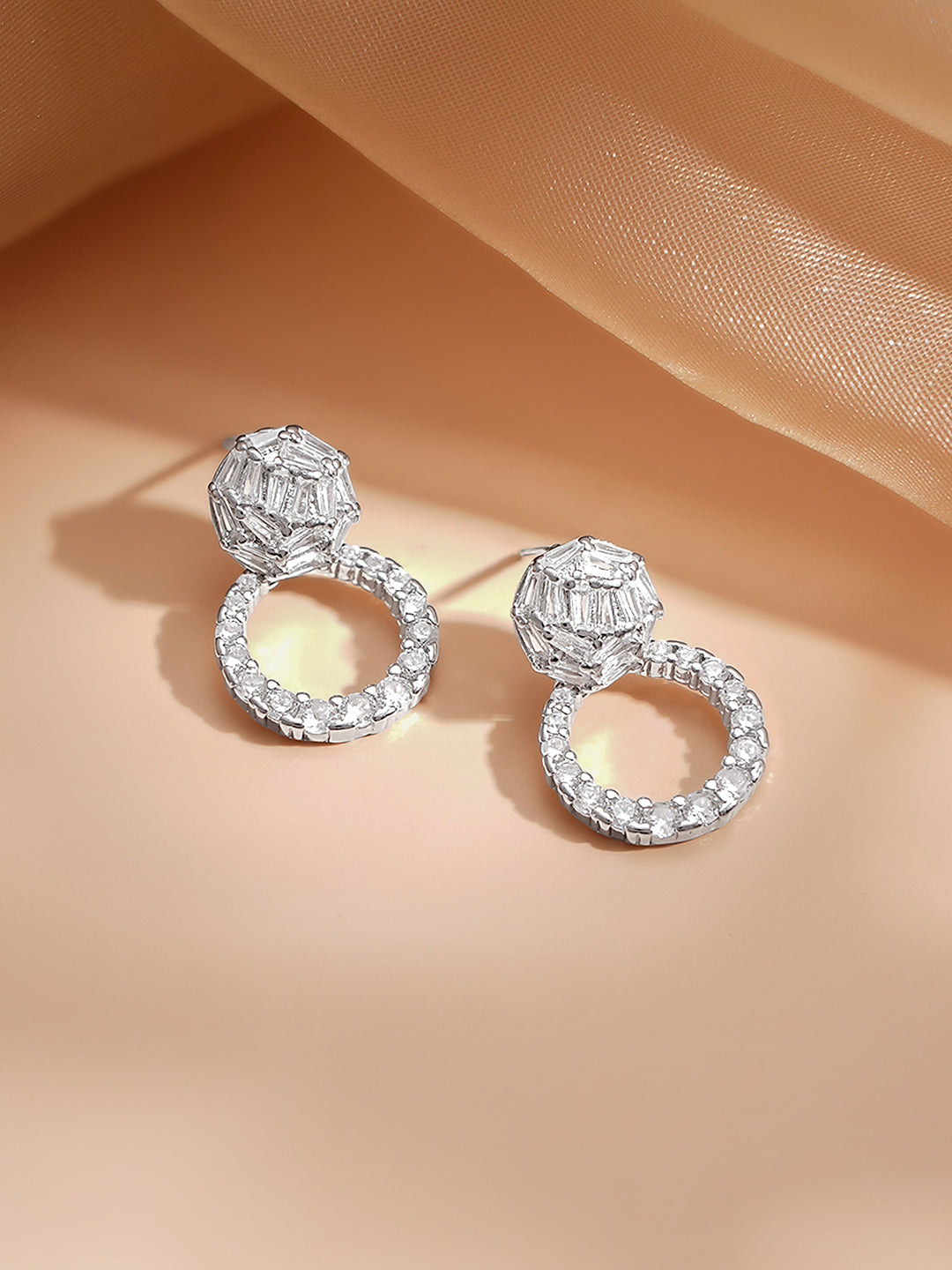 Rhodium Plated American Diamond Zirconia circular Drop Stud Earrings