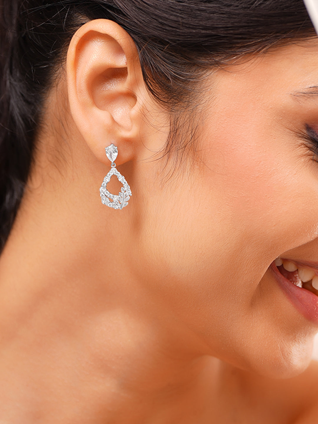 Rhodium Plated American Diamond Zirconia Leaf Design Tear Drop Earrings