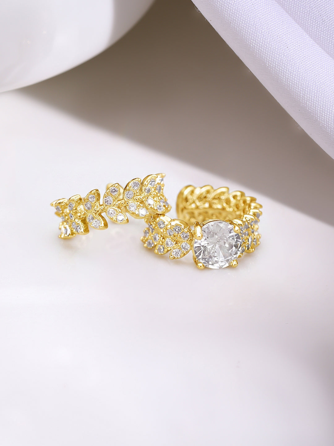Gold Plated Crystal Leaf Vine Statement Cuff Earrings