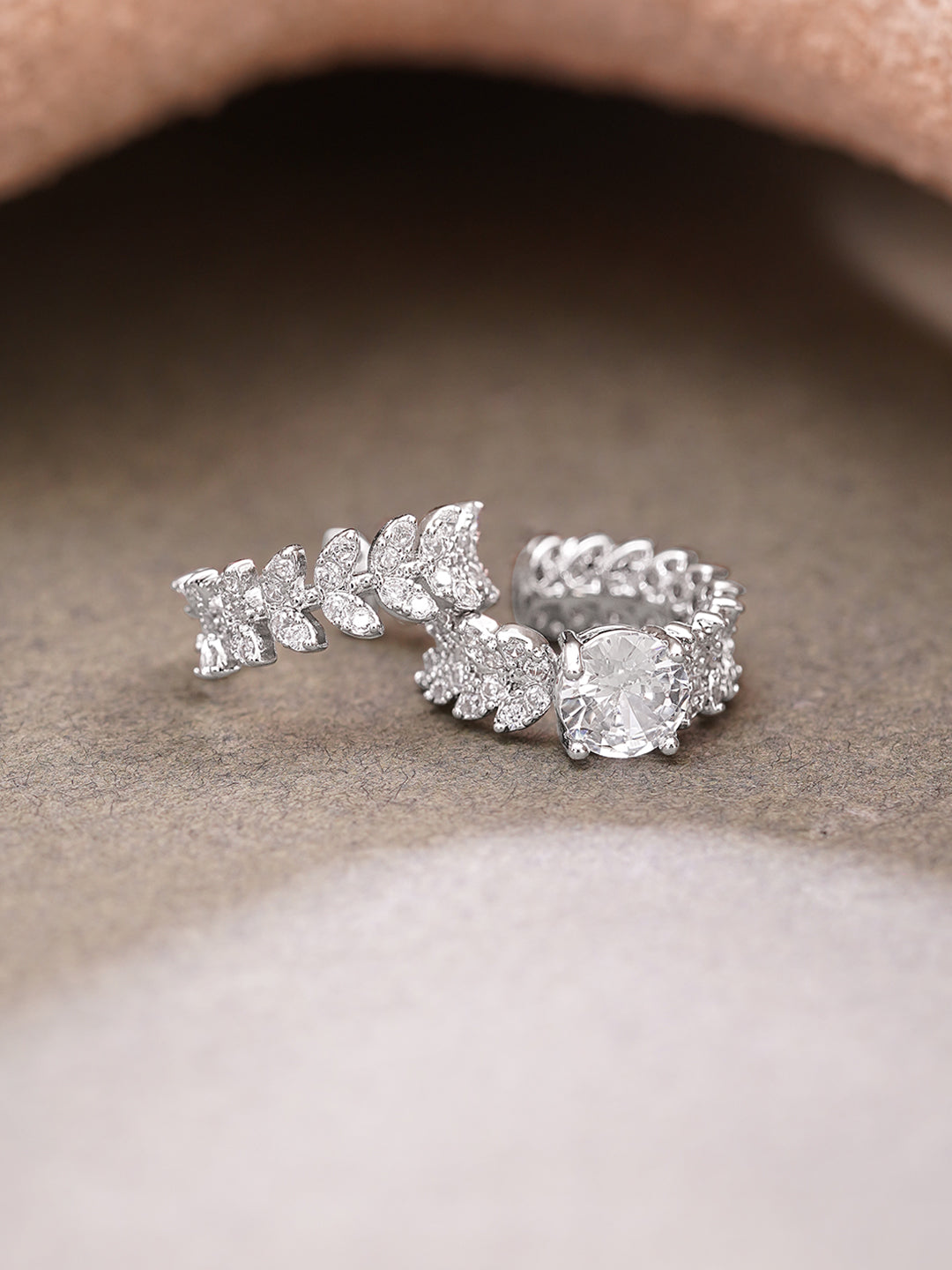 Rhodium Plated Crystal Leaf Vine Statement Cuff Earrings
